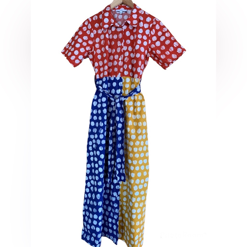 Busayo Collective Color-block Dot Shirt Maxi Dress Button Short Sleeve - Size 4 - Picture 11 of 14